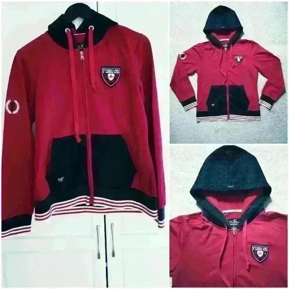 FUBU International Womens Zip Up Logo Hoodie Drawstring Colorblock Red Black
